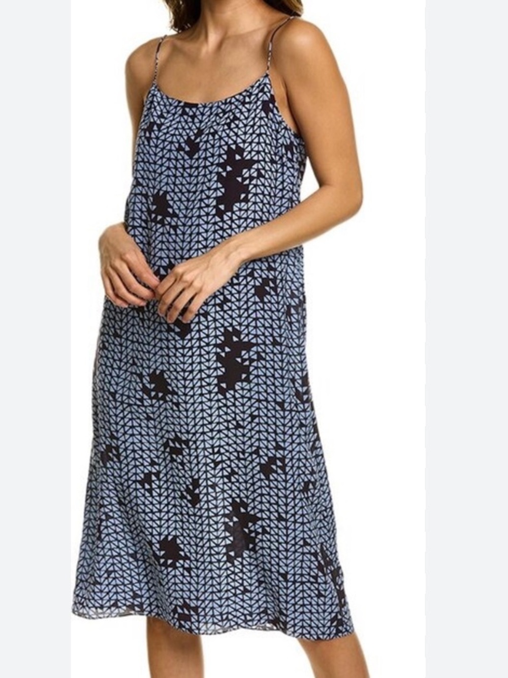 THEORY Smocked Back Tile Print Midi Slip Dress Navy Blue Geometric Print Size P